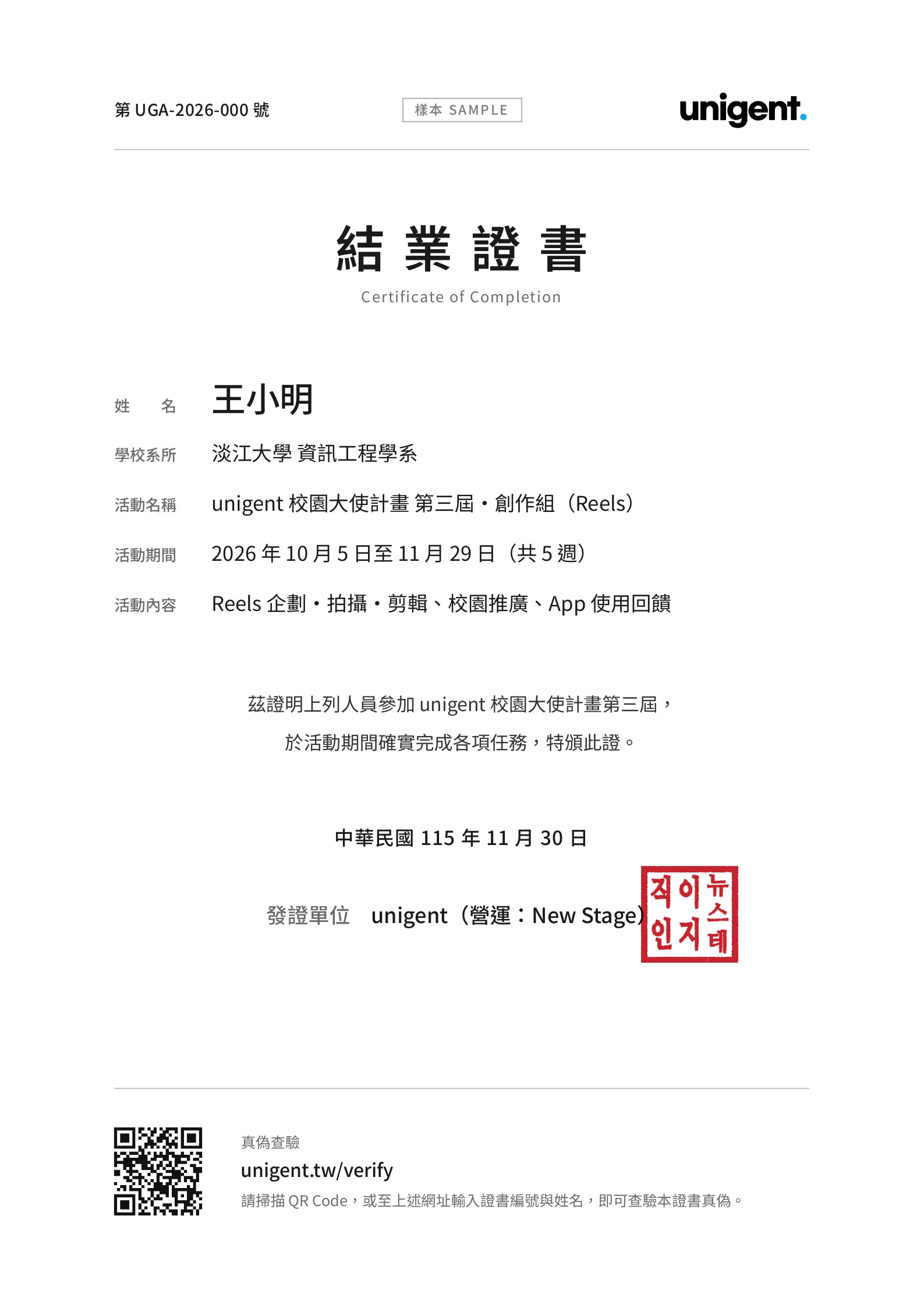 結業證書樣本：王小明，unigent 校園大使計畫第三屆・創作組（Reels），證書編號 UGA-2026-000，可掃描 QR Code 至 unigent.tw/verify 查驗